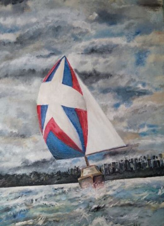 Malarstwo zatytułowany „Statek  na morzu” autorstwa Maria Matyasek, Oryginalna praca, Olej