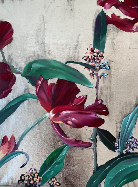 Painting titled "Tulip" by Maria Mindal, Original Artwork, Oil Mounted on Wood Stretcher frame