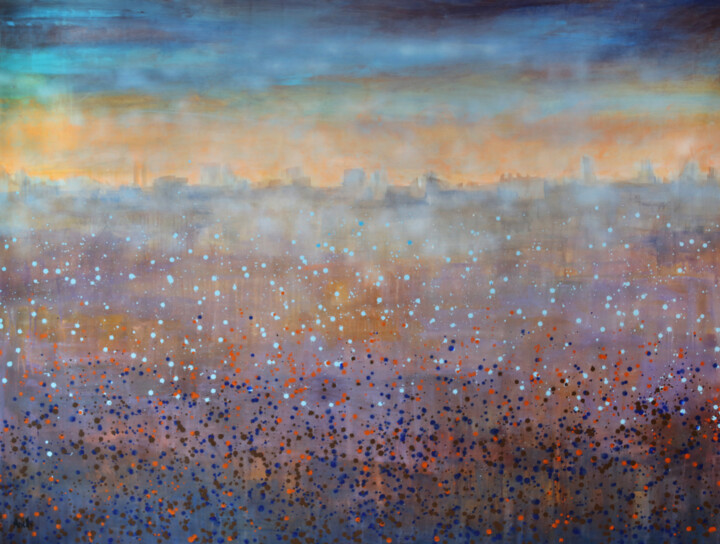 Painting titled "Light on the horizon" by Maria Moretti, Original Artwork, Oil Mounted on Wood Stretcher frame