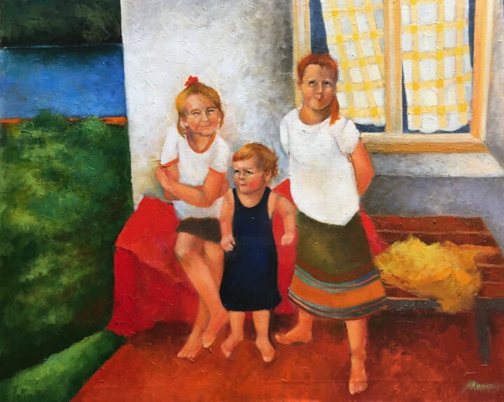 Painting titled "Granddaughters" by Mariia Mosunova Korotkina, Original Artwork, Oil