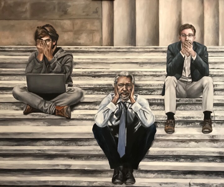 Pintura intitulada "See no evil, hear n…" por Maria Petroff, Obras de arte originais, Óleo Montado em Armação em madeira