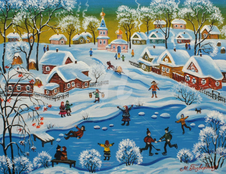 Schilderij getiteld "Winter Fun" door Maria Podverbnaya, Origineel Kunstwerk, Acryl