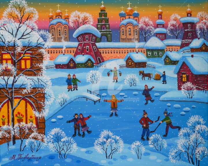 Painting titled "Winter Evening" by Maria Podverbnaya, Original Artwork, Acrylic