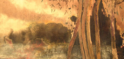Painting titled "Incendio en el río" by Maria Rosa Astorga, Original Artwork