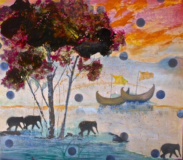 Malerei mit dem Titel "Paisaje n2 con elef…" von Maria Rosa Astorga, Original-Kunstwerk, Öl