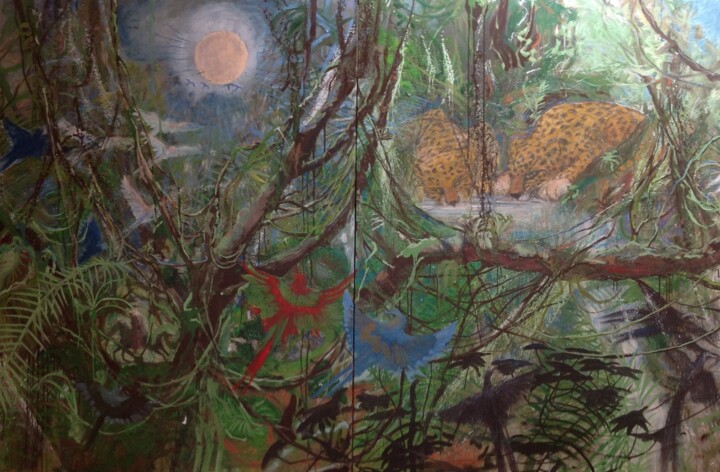 Schilderij getiteld "Selva con dos tigres" door Maria Rosa Astorga, Origineel Kunstwerk, Olie