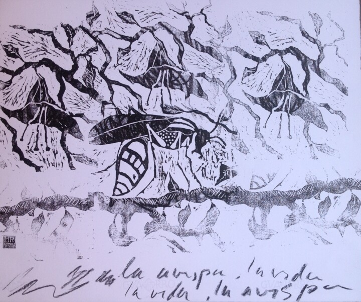Druckgrafik mit dem Titel "Avispa en blanco y…" von Maria Rosa Astorga, Original-Kunstwerk, Gravur