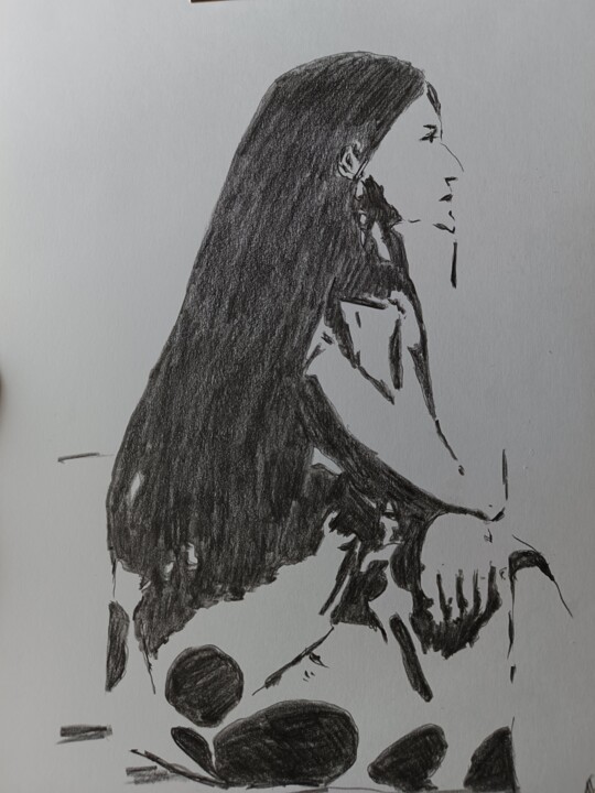 Рисунок под названием "В раздумьях" - Мария Румянцева, Подлинное произведение искусства, Графит