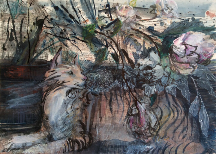 Картина под названием "Cat and Flowers (Pe…" - Maria Shedrina, Подлинное произведение искусства, Акрил