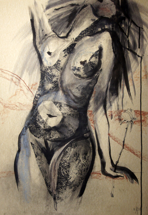 「Nude with a rose -…」というタイトルの描画 Maria Shedrinaによって, オリジナルのアートワーク, モノタイプ