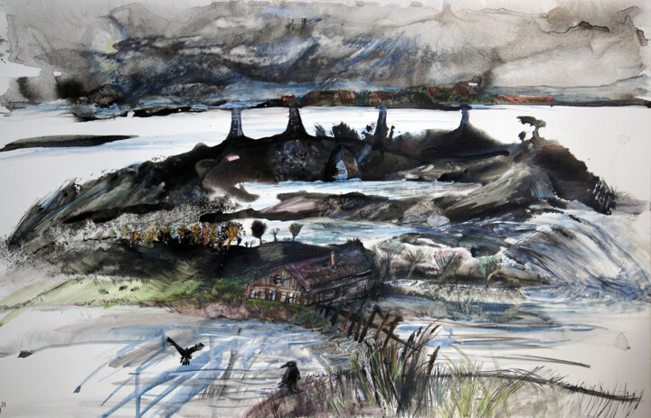 Malerei mit dem Titel "Silent landscape. C…" von Maria Shedrina, Original-Kunstwerk, Aquarell