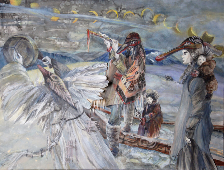 Pittura intitolato "Tlingits. Eclipse -…" da Maria Shedrina, Opera d'arte originale, Inchiostro