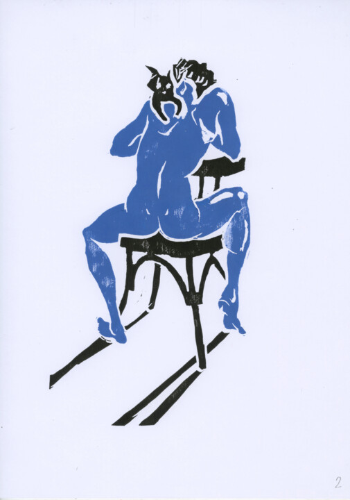 Отпечатки и Гравюры под названием "Nymph-3 with a cat…" - Maria Shedrina, Подлинное произведение искусства, Линогравюры
