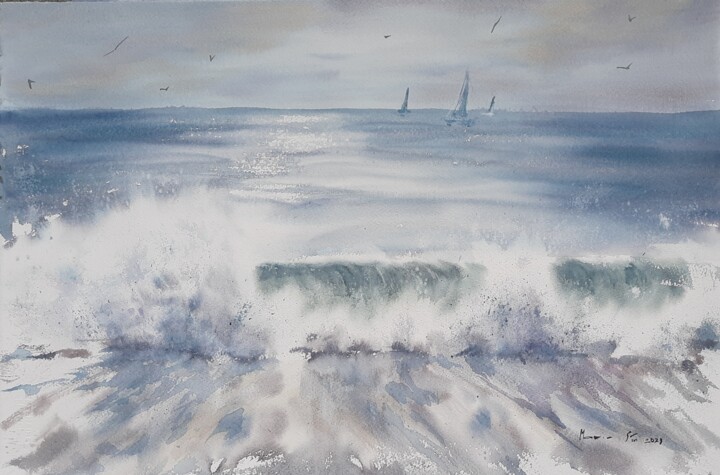 Malerei mit dem Titel ""Silver Wave XVI" S…" von Maria Sin, Original-Kunstwerk, Aquarell