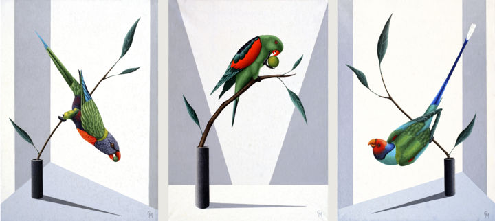 Pintura intitulada "Tryptych "Parrots"" por Maria Snigirevskaya, Obras de arte originais, Óleo Montado em Armação em madeira