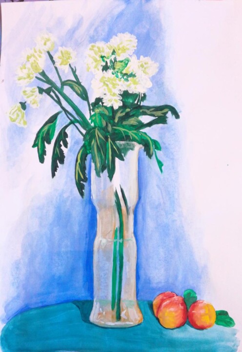 Рисунок под названием "Натюрморт хризантемы" - Maria Sokolova, Подлинное произведение искусства, Гуашь
