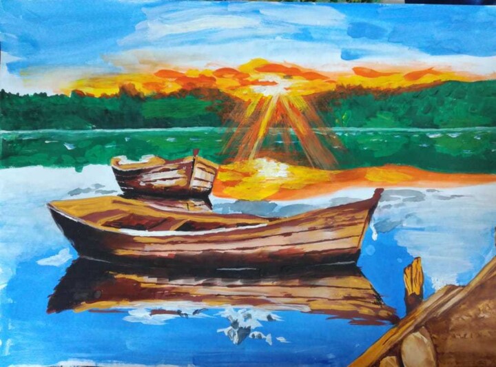 Рисунок под названием "Лодки на закате" - Maria Sokolova, Подлинное произведение искусства, Гуашь