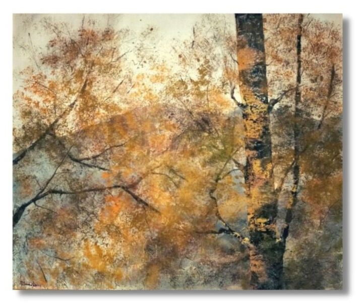 Painting titled "Trees and Mountains" by Soledad, Original Art, Oil Mounted on Stretcher frame