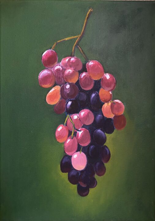 Painting titled "Bunch of grapes" by Maria Sotnikova, Original Artwork, Oil Mounted on Wood Stretcher frame