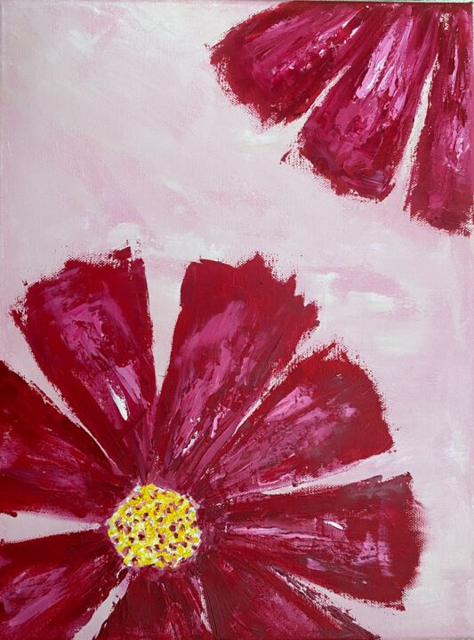 Painting titled "Pink flowers print…" by Maria Sotnikova, Original Artwork, Oil Mounted on Wood Stretcher frame