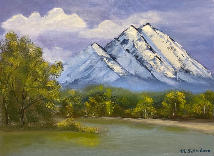 Painting titled "Mountain view" by Maria Sotnikova, Original Artwork, Oil Mounted on Wood Stretcher frame