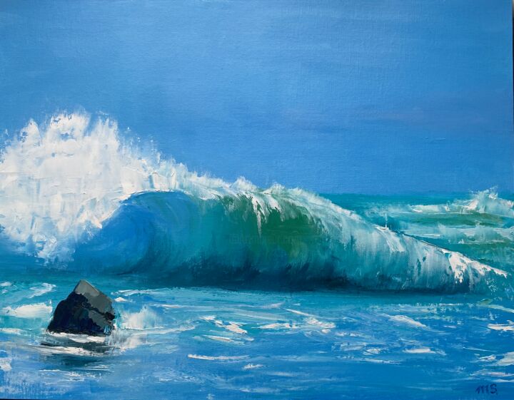 Painting titled "Sea wave / seascape…" by Maria Sotnikova, Original Artwork, Oil Mounted on Cardboard