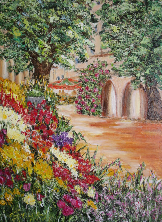 Pintura intitulada "la-place-aux-fleurs" por Maria Spagnolo, Obras de arte originais, Acrílico