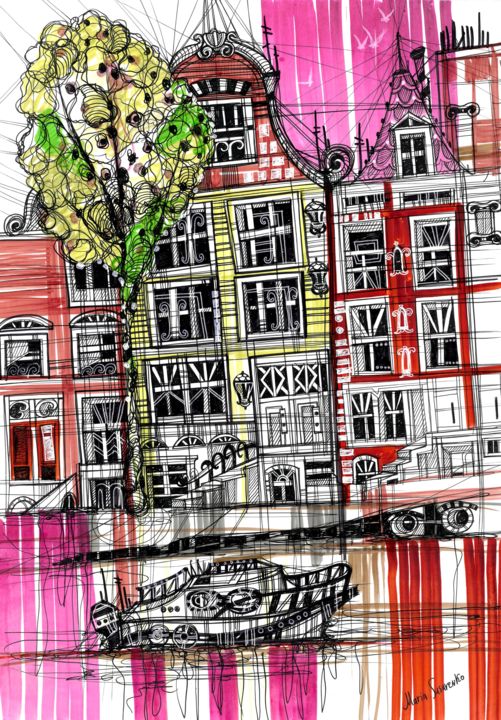 Dessin intitulée "Amsterdam" par Maria Susarenko, Œuvre d'art originale, Stylo à bille