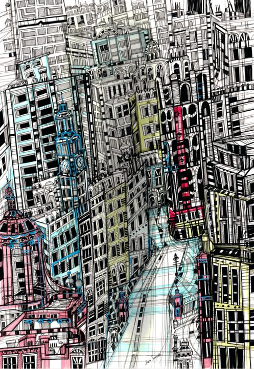 Drawing titled "New York Cityscape" by Maria Susarenko, Original Artwork, Gel pen