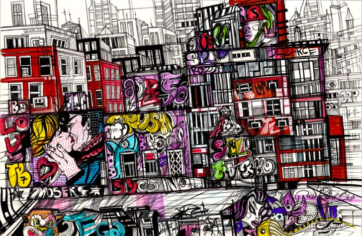 Dessin intitulée "New York Urban" par Maria Susarenko, Œuvre d'art originale, Stylo à bille