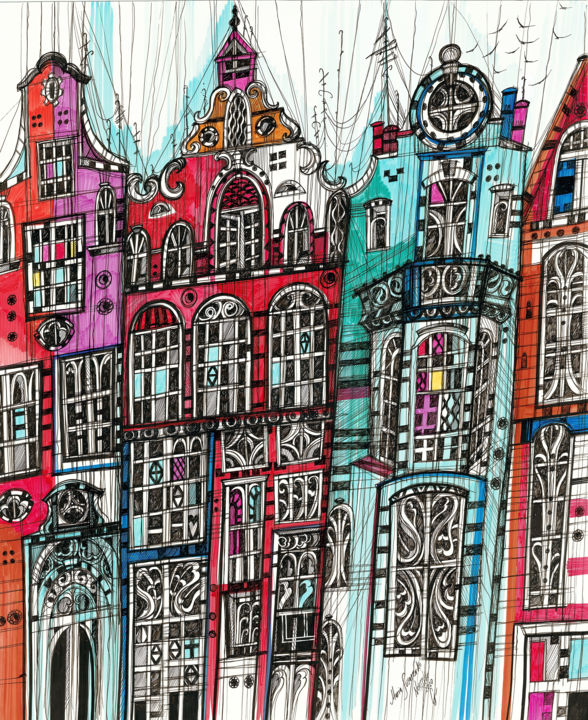 Disegno intitolato "Amsterdam Cityscape" da Maria Susarenko, Opera d'arte originale, Acrilico