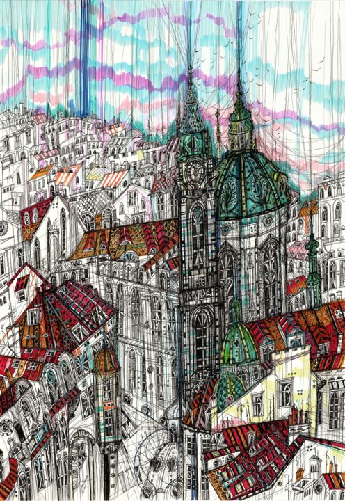 Рисунок под названием "Prague Cityscape" - Maria Susarenko, Подлинное произведение искусства, Чернила