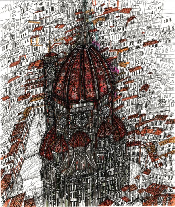 Drawing titled "Florence Cathedral" by Maria Susarenko, Original Artwork, Ink