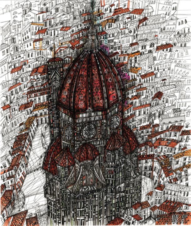 Dessin intitulée "Florence Cathedral" par Maria Susarenko, Œuvre d'art originale, Encre