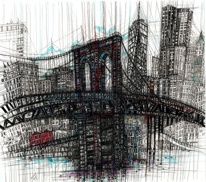 Drawing titled "Brooklyn Bridge. Ne…" by Maria Susarenko, Original Artwork, Gel pen