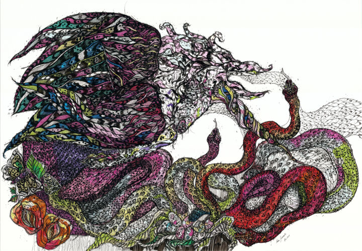 Dessin intitulée "Unicorn&Snakes" par Maria Susarenko, Œuvre d'art originale, Encre