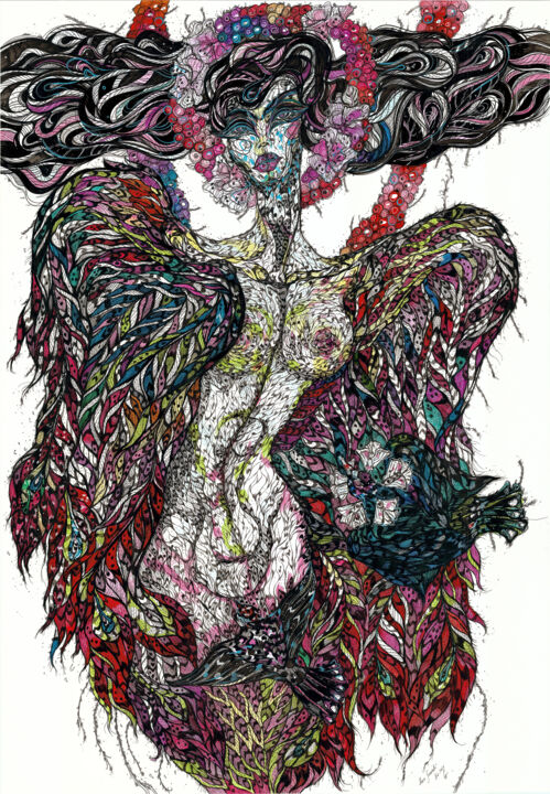 Schilderij getiteld "Sirin. The Magic Bi…" door Maria Susarenko, Origineel Kunstwerk, Gelpen