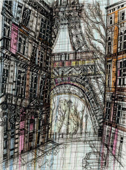 Painting titled "Paris. Tour Eiffel" by Maria Susarenko, Original Artwork, Ink Mounted on Cardboard