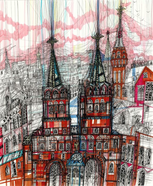 Drawing titled "Iberian Gate&Chapel" by Maria Susarenko, Original Artwork, Marker