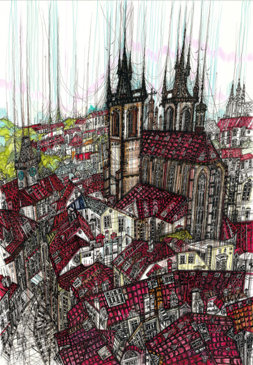 Рисунок под названием "Prague Rooftops" - Maria Susarenko, Подлинное произведение искусства, Чернила