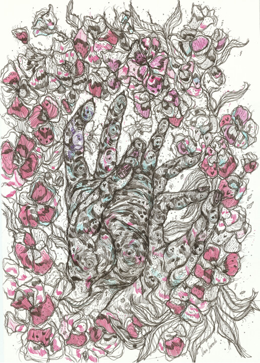 Drawing titled "Pink Flowers" by Maria Susarenko, Original Artwork, Ballpoint pen