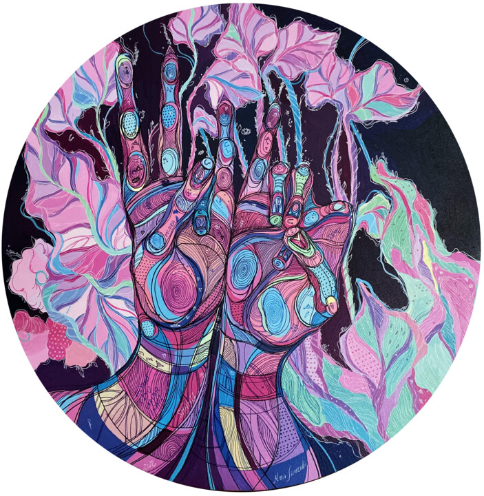 Painting titled "The Mudra of Life" by Maria Susarenko, Original Artwork, Acrylic Mounted on Wood Stretcher frame