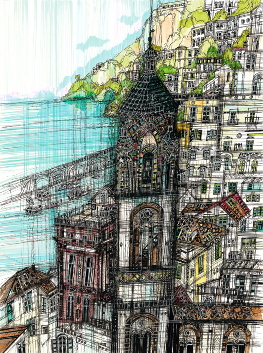 Zeichnungen mit dem Titel "Amalfi Cathedral" von Maria Susarenko, Original-Kunstwerk, Tinte