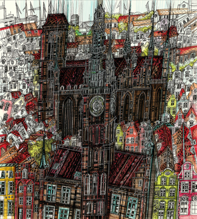 Dessin intitulée "Gdansk Cityscape" par Maria Susarenko, Œuvre d'art originale, Stylo gel