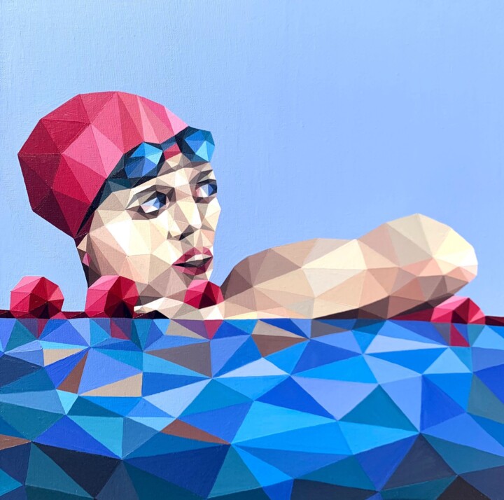 Painting titled "SWIMMER AFTER THE F…" by Maria Tuzhilkina, Original Artwork, Acrylic Mounted on Wood Stretcher frame