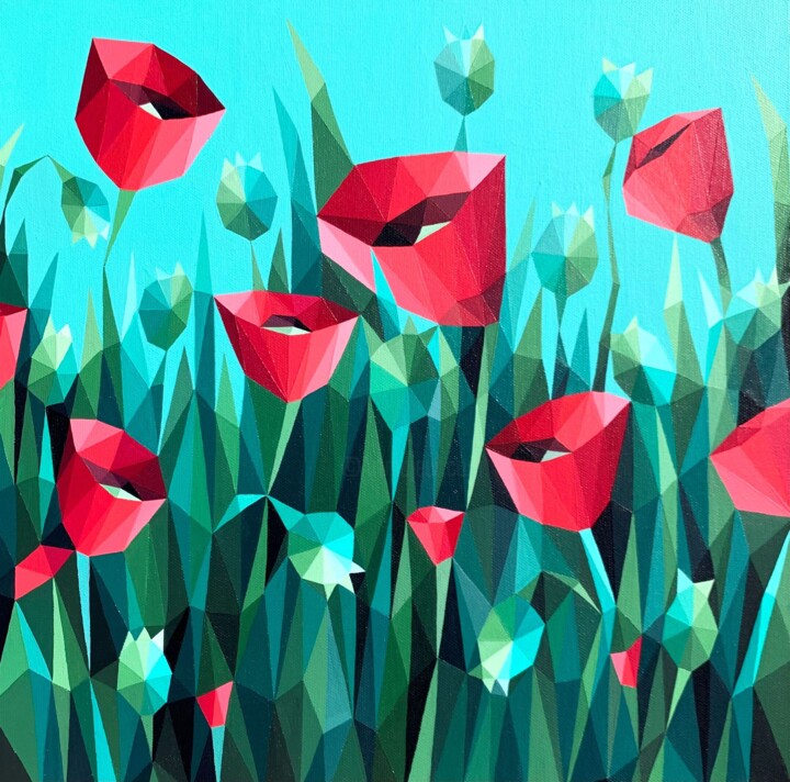 Painting titled "SCARLET POPPIES" by Maria Tuzhilkina, Original Artwork, Acrylic Mounted on Wood Stretcher frame