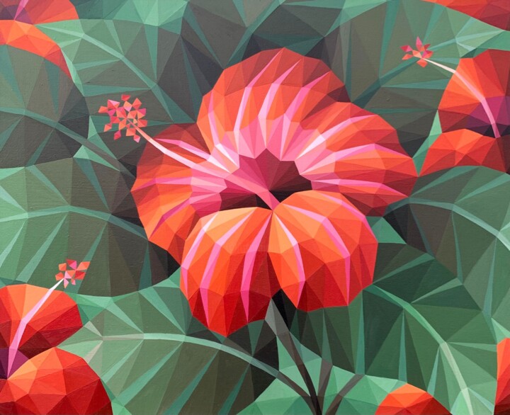 Pintura titulada "ORANGE HIBISCUS FLO…" por Maria Tuzhilkina, Obra de arte original, Acrílico Montado en Bastidor de camilla…