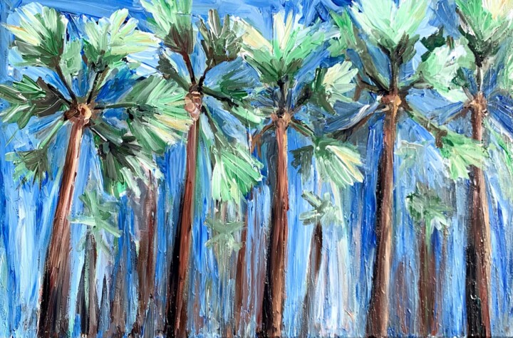 Painting titled "PALM RHYTHM" by Maria Tuzhilkina, Original Artwork, Acrylic Mounted on Wood Stretcher frame