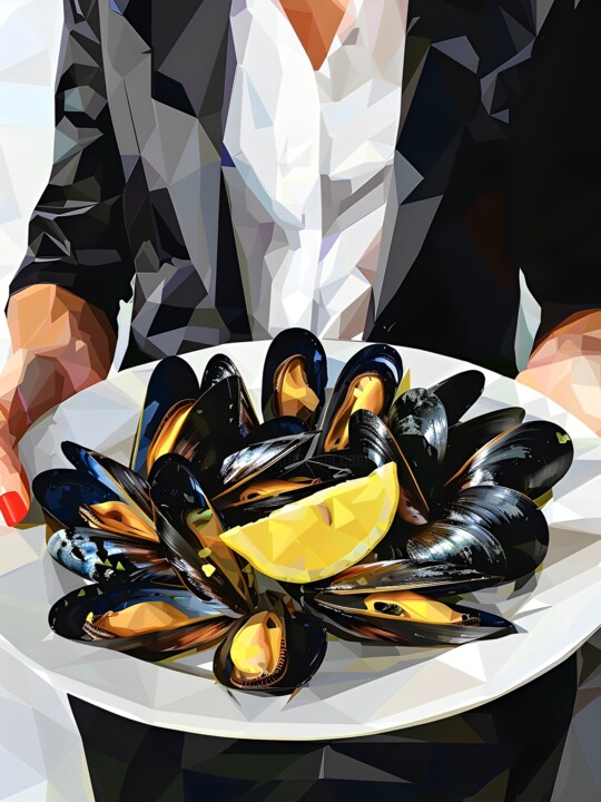 Digital Arts titled "DINNER WITH MUSSELS…" by Maria Tuzhilkina, Original Artwork, Digital Print Mounted on Wood Stretcher fr…