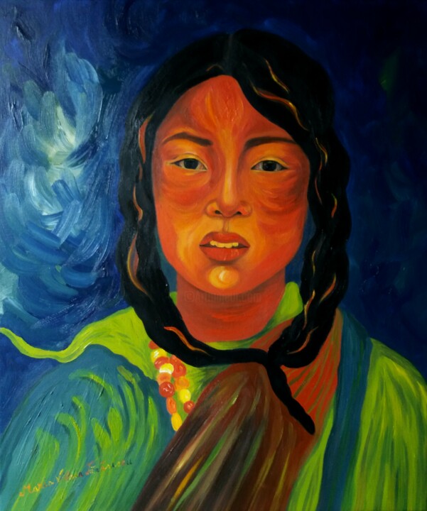 Peinture intitulée "La fille au visage…" par Maria Villain, Œuvre d'art originale, Huile